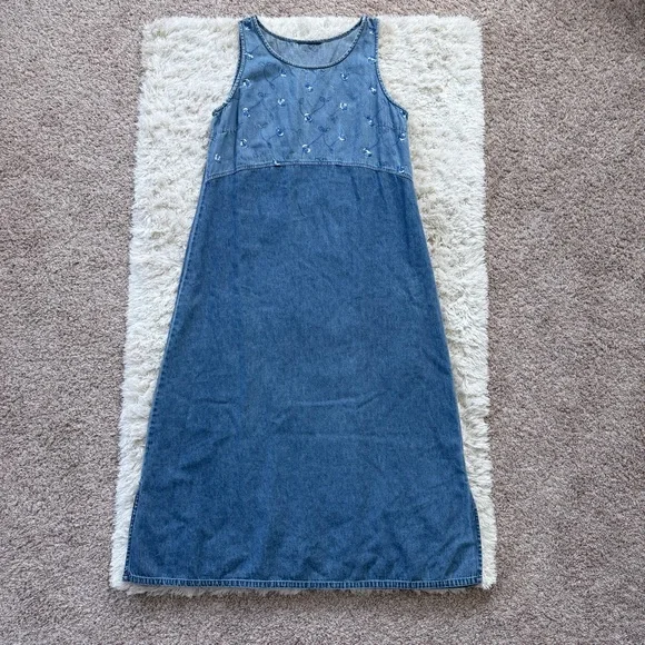 Embroidered Denim Maxi Dress Sleeveless Scoop Neck Size L - Picture 1 of 10